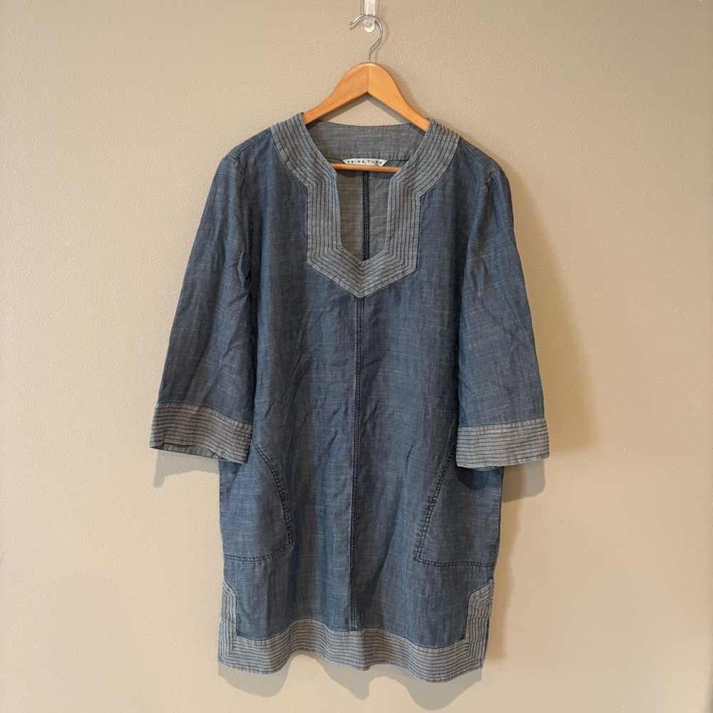 TRINA TURK LOS ANGELES Carnelian Chambray Mini Dress 3/4 Sleeves Linen Blend